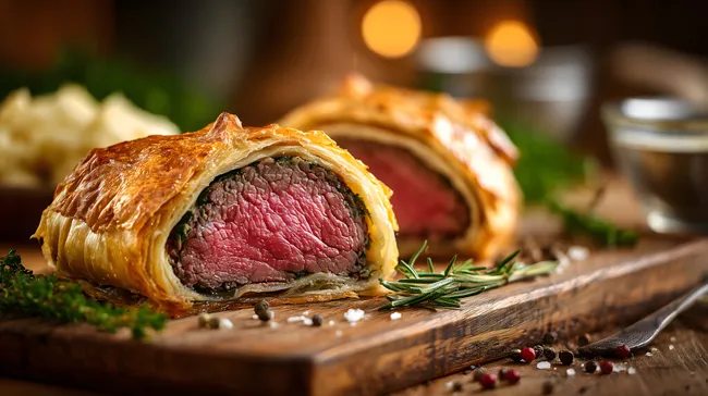 Frisch zubereitetes Beef Wellington auf Holzbrett