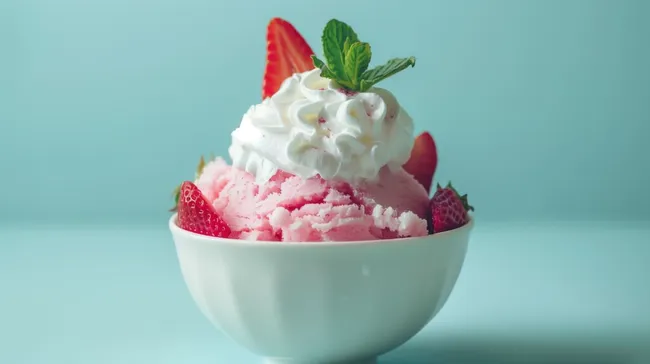 Frisch zubereitetes Erdbeereis mit Sahnehaube und Minze