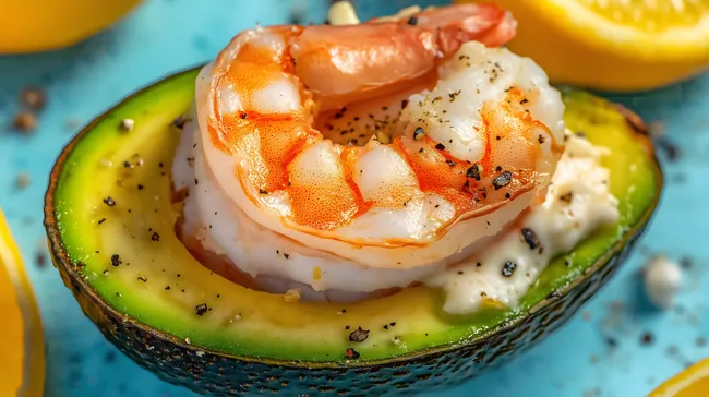 Frisch zubereitetes Garnelen-Avocado-Gericht