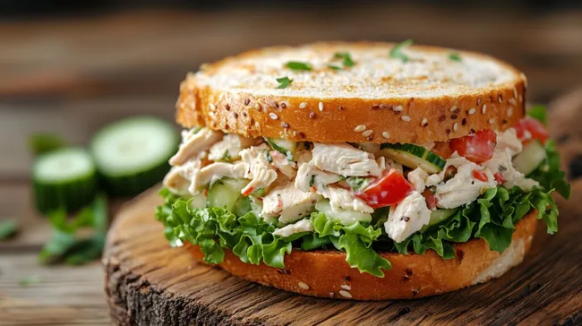 Frisch zubereitetes Hühnchensalat-Sandwich mit Gurke und Tomate