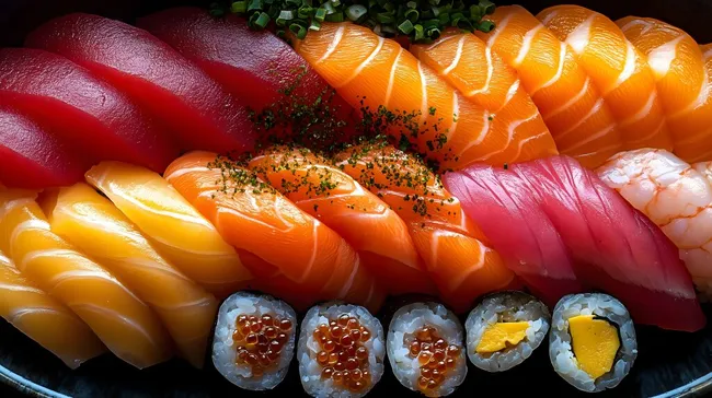 Frisch zubereitetes japanisches Sushiset auf dunklem Hintergrund