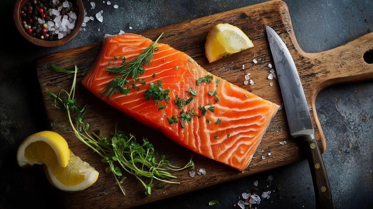 Frisch zubereitetes Lachsfilet auf Holzbrett
