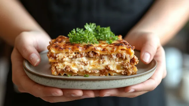 Frisch zubereitetes Lasagne-Stück auf rustikalem Teller