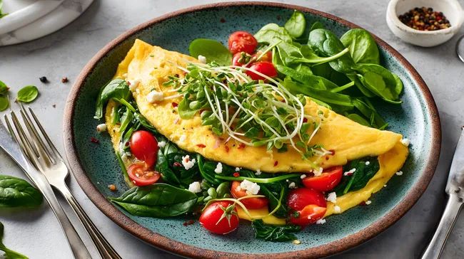 Frisch zubereitetes Omelett mit Spinat, Feta und Tomaten