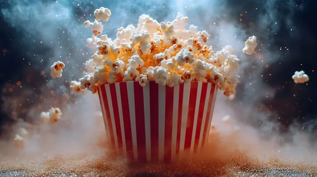 Frisch zubereitetes Popcorn in Retro-Popcornbox mit Dampfeffekten