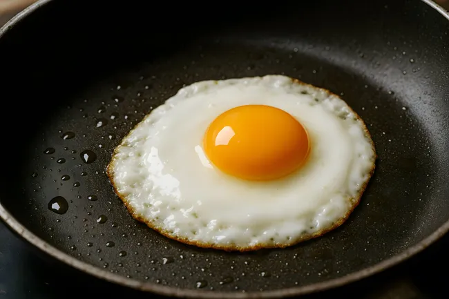Frisch zubereitetes Spiegelei in Pfanne mit Öltröpfchen
