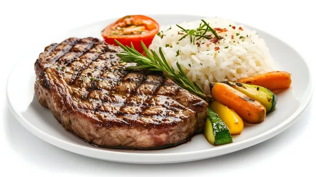 Frisch zubereitetes Steak mit Gemüse und Reis