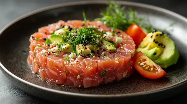 Frisch zubereitetes Thunfisch-Tartar mit Avocado und Kräutern