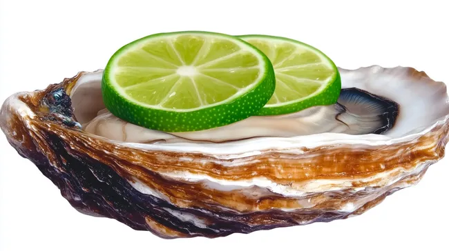 Frische Auster mit Limettenscheiben auf weißem Hintergrund