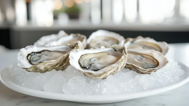 Frische Austern auf Eis in elegantem Teller