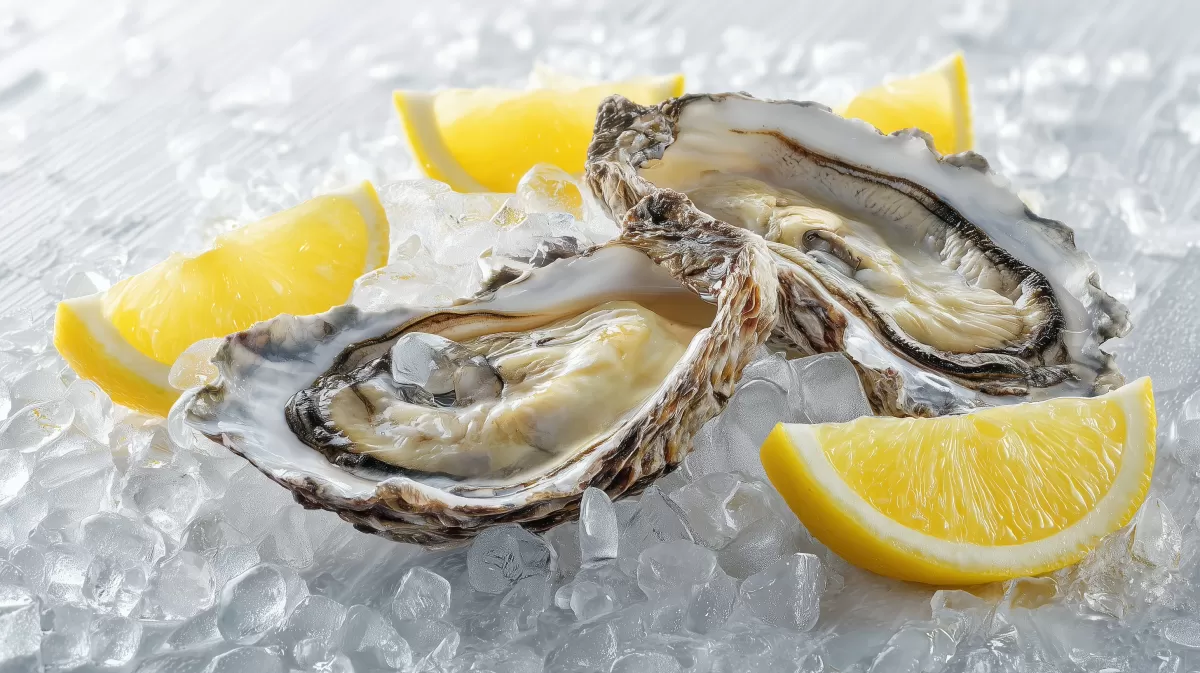 Frische Austern auf Eis mit Zitronenspalten