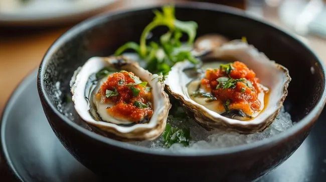 Frische Austern mit Tomaten-Topping und Kräutern