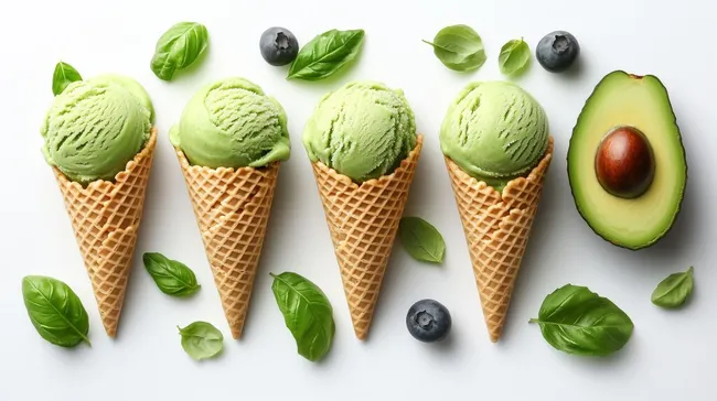 Frische Avocado-Eiscreme in knusprigen Waffelhörnchen