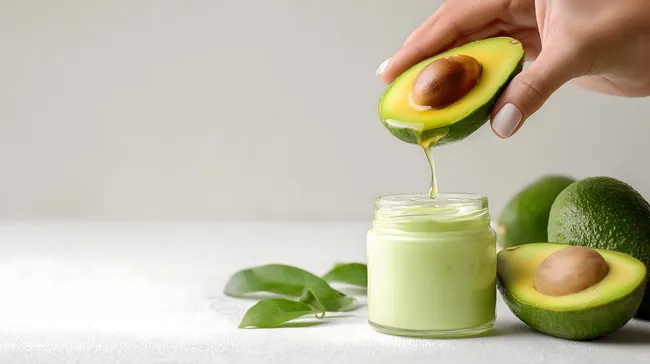 Frische Avocadocreme in einem Glas mit fliessendem Öl