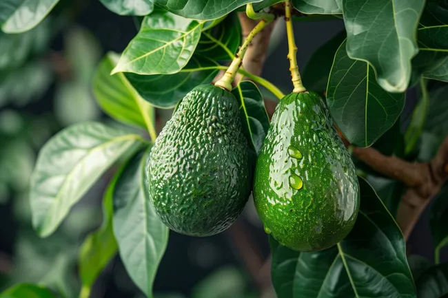 Frische Avocados an der Pflanze mit grünen Blättern