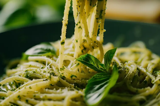 Frische Basilikum-Pesto-Pasta mit grünen Blättern