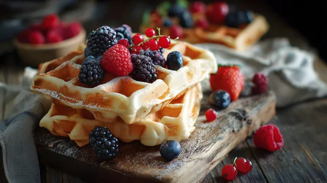 Frische Beeren auf knuspriger Waffel auf Holzbrett
