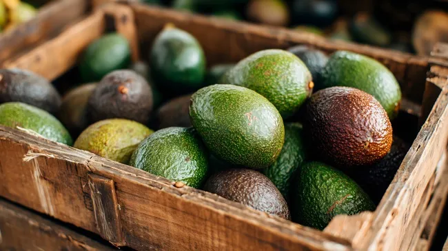 Frische Bio-Avocados in rustikalem Holzkorb