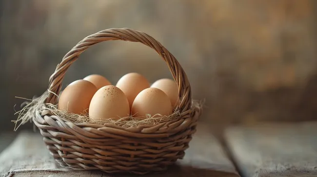Frische Bio-Eier im rustikalen Korb auf Holztisch