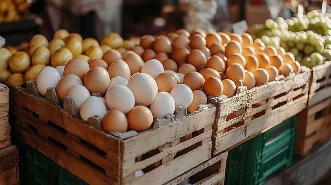 Frische Bio-Eier in rustikalen Holzkisten auf Bauernmarktstand