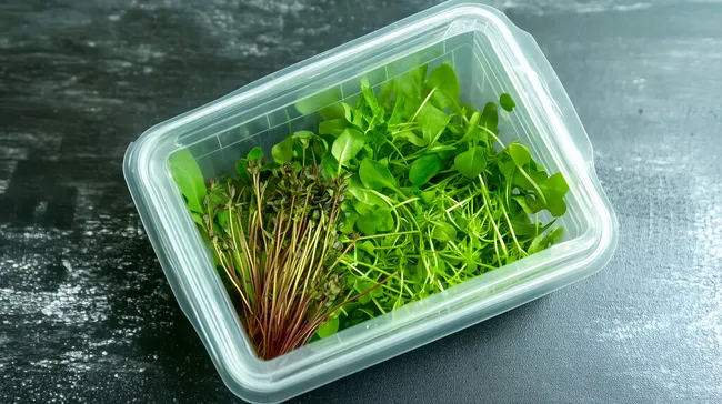 Frische Bio-Kräuter und Mikrogrün in Plastikbox
