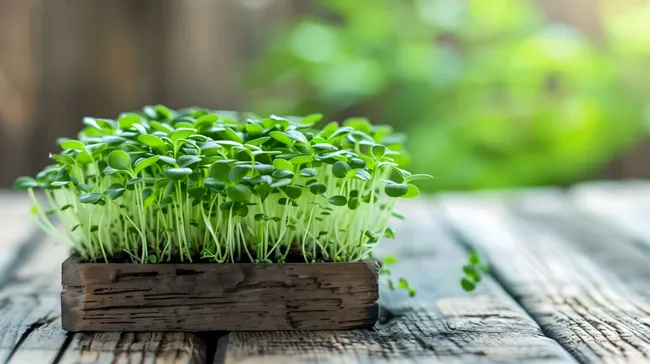 Frische Bio-Microgreens auf rustikalem Holztisch