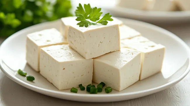 Frische Bio-Tofu-Würfel mit Petersilie auf weißem Teller