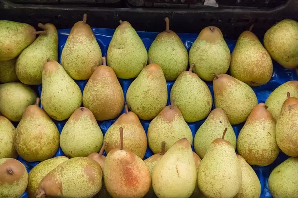 Frische Birnen in Gemüsekiste am Timeout Market in Lissabon
