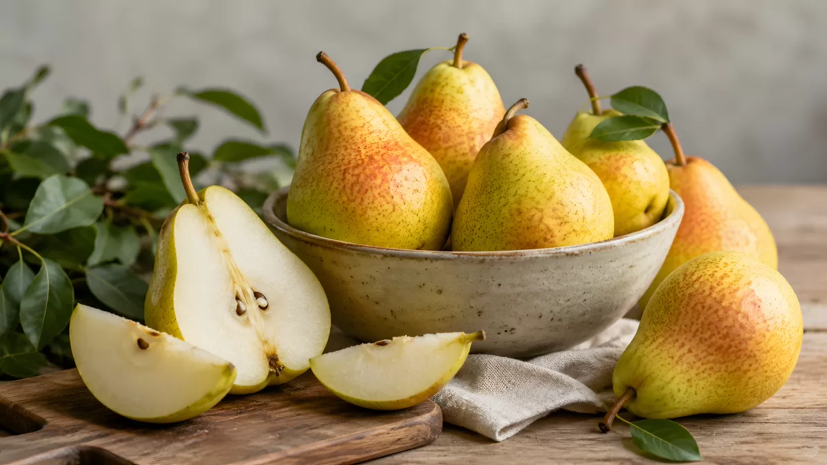 Frische Birnen in Schüssel mit aufgeschnittener Frucht