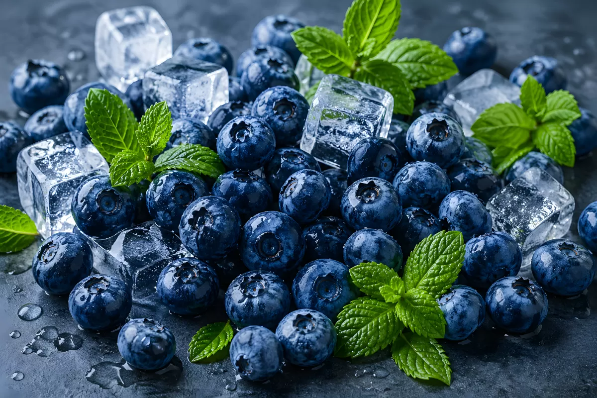 Frische Blaubeeren mit Eiswürfeln und Minzblättern