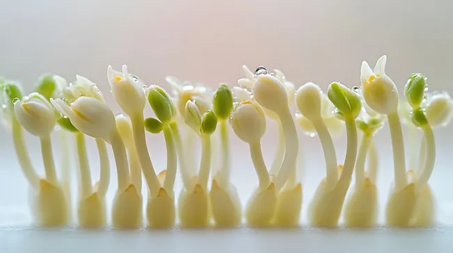Frische Bohnenkeimlinge mit Wassertropfen