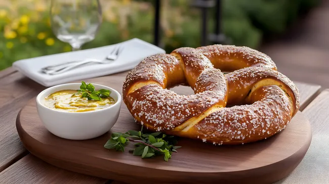Frische Brezeln mit Senf-Dip auf Holzbrett