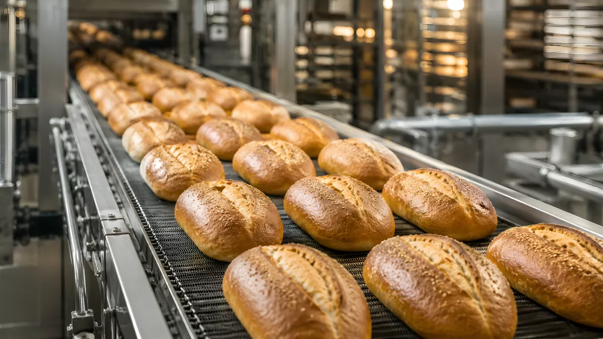 Frische Brötchen auf Förderband in Großbäckerei