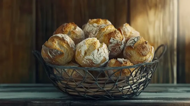 Frische Brötchen im rustikalen Drahtkorb