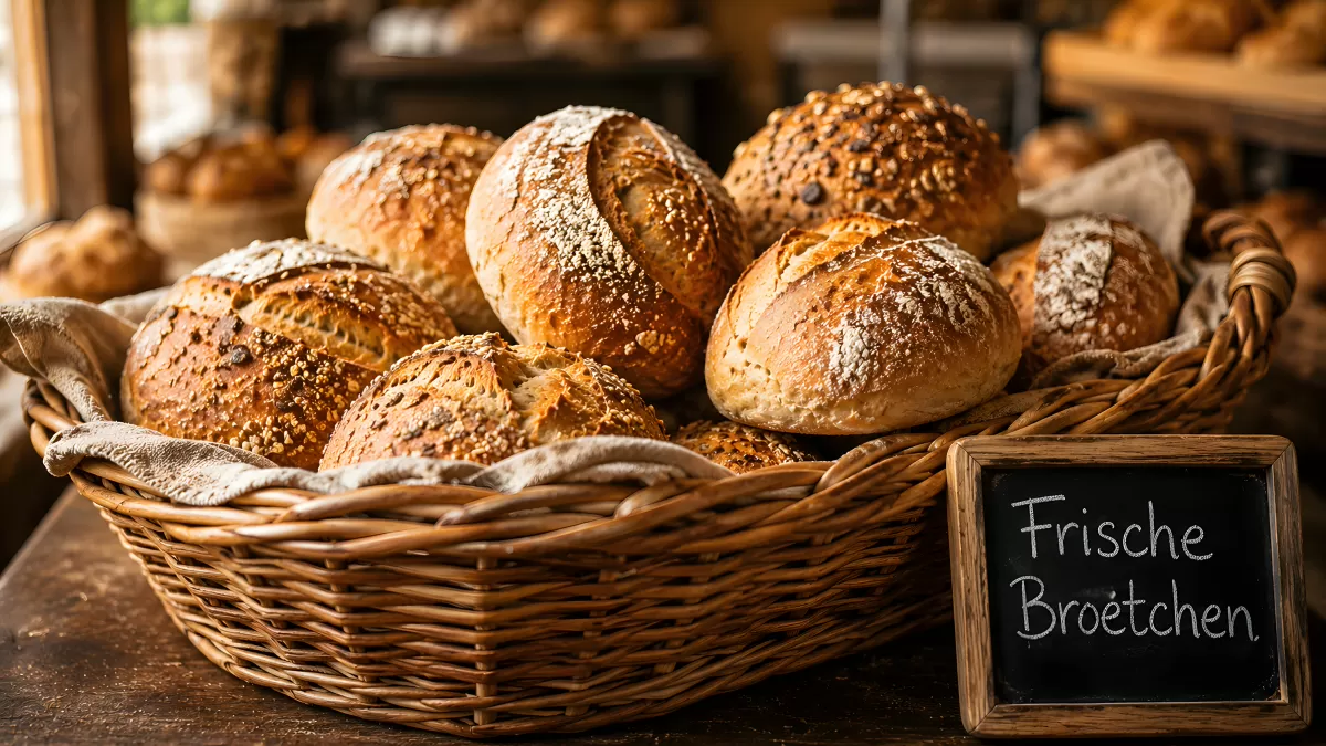 Frische Brötchen im Weidenkorb beim Bäcker