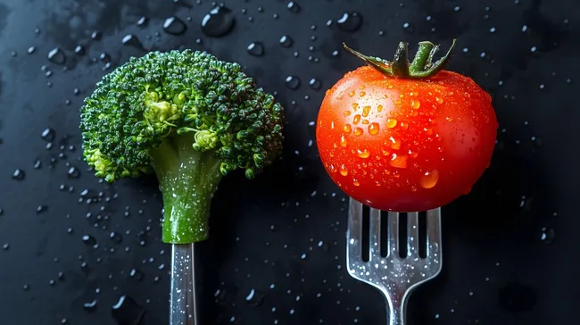 Frische Brokkoli- und Tomatenstifte mit Wassertropfen
