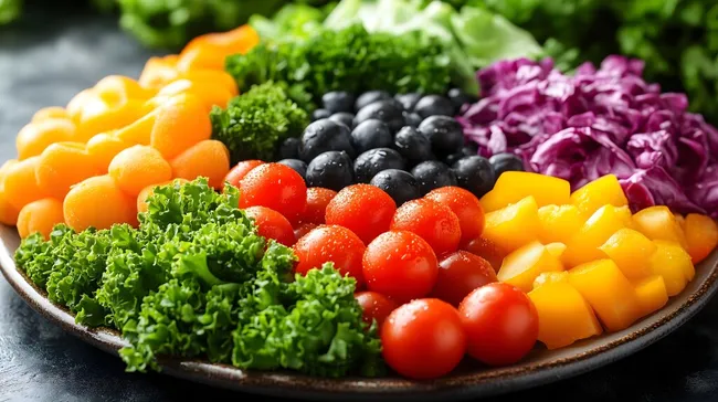 Frische, bunte Gemüseauswahl auf rustikaler Platte