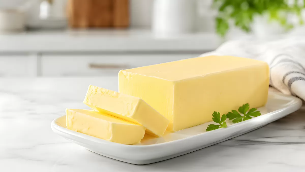 Frische Butter in Scheiben auf weißem Servierteller