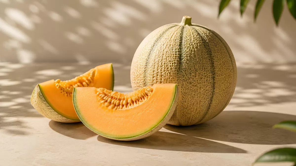 Frische Cantaloupe-Melone aufgeschnitten mit Kernen