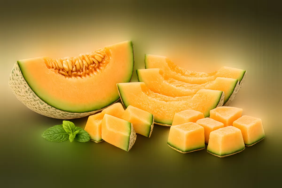Frische Cantaloupe-Melone in Scheiben und Würfeln