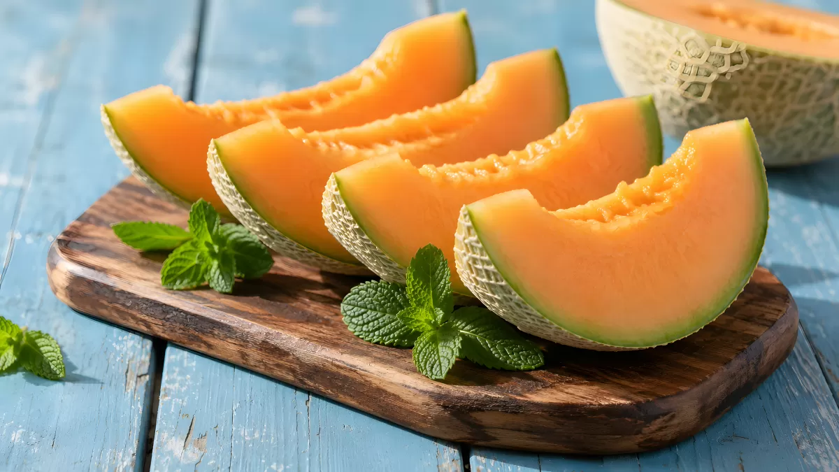 Frische Cantaloupe-Melonenscheiben auf Holzbrett