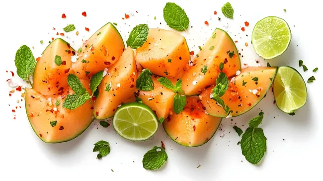 Frische Cantaloupe-Salatsegmente mit Limette und Minze