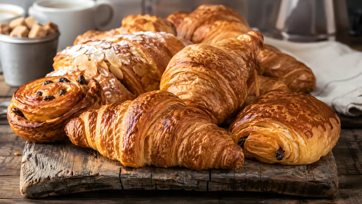 Frische Croissants und Plundergebäck auf Holzbrett