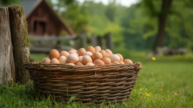 Frische Eier in ländlichem Korb auf Bauernhof