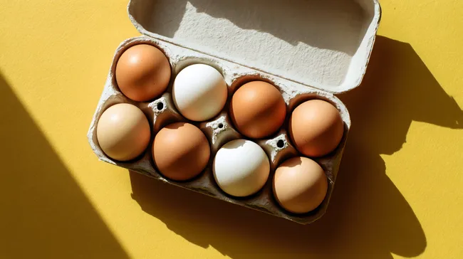Frische Eier in rustikalem Pappkarton auf gelbem Hintergrund