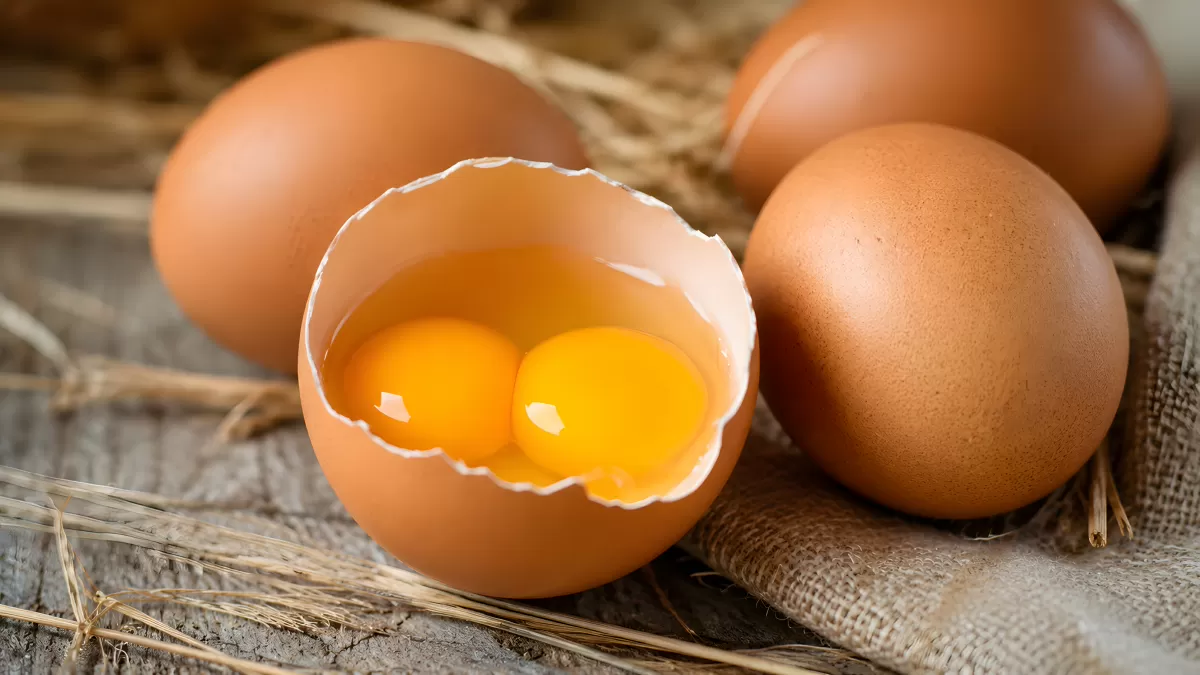 Frische Eier mit Doppeldotter auf Holzuntergrund