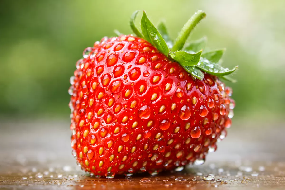 Frische Erdbeere mit Wassertropfen auf Holz