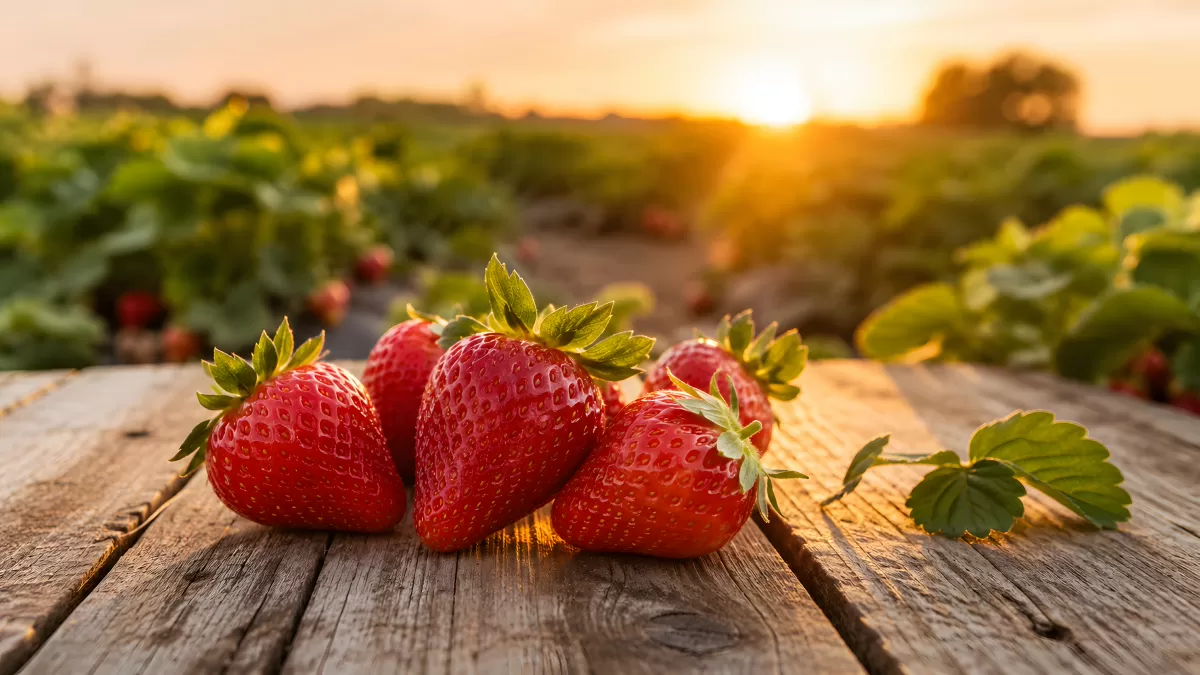 Frische Erdbeeren auf Holztisch im Sonnenuntergang