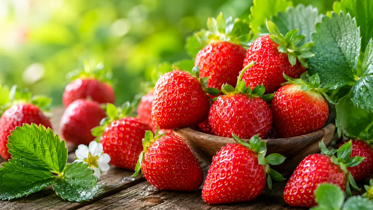 Frische Erdbeeren in Holzschale auf rustikalem Tisch