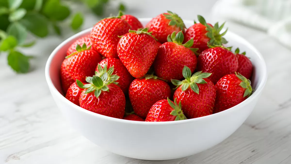 Frische Erdbeeren in weißer Schale auf Marmortisch